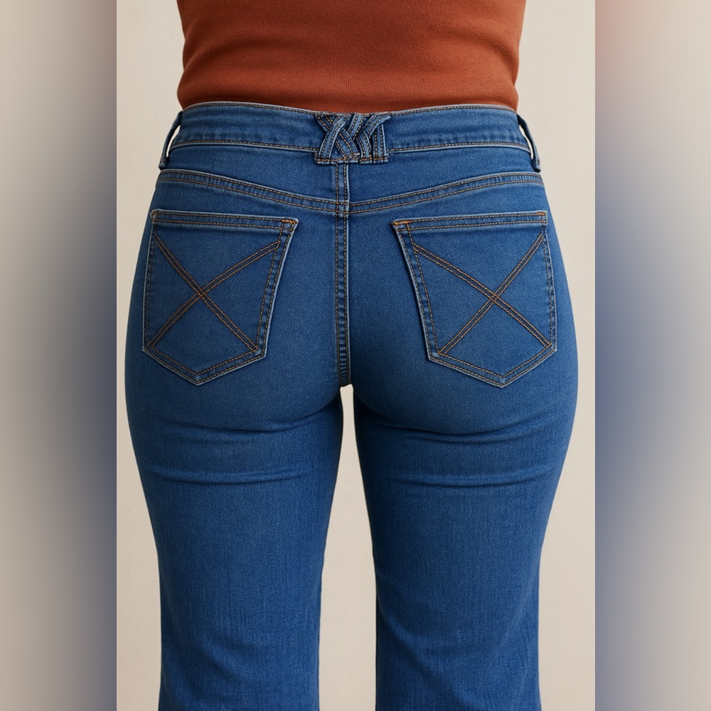 Ecoté Women's Low Rise Flare Fit Jeans in Medium Wash with Crossing Belt Loops